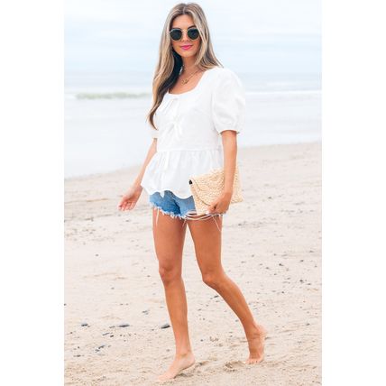 White Bow Knot Decor Square Neck Puff Sleeve Peplum Top