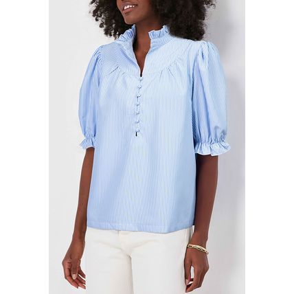 Sky Blue Stripe Ruffled Collar Puff Sleeve Half Buttons Blouse