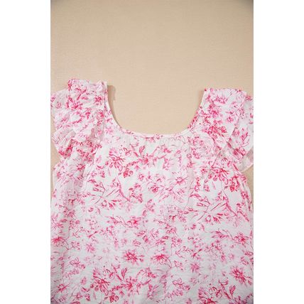 Pink Floral Ruffled Short Sleeve Bow Back Square Neck Blouse
