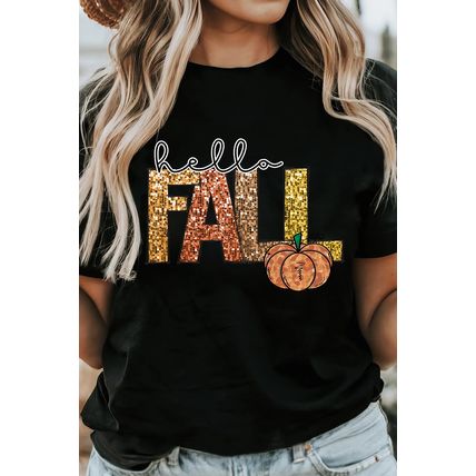 Black Hello Fall Letter Pumpkin Printed Thanksgiving T Shirt