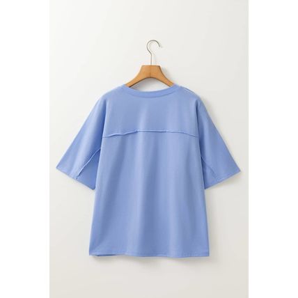 Sky Blue Flower Patched Exposed Stitching Trim Crew Neck Loose Tee