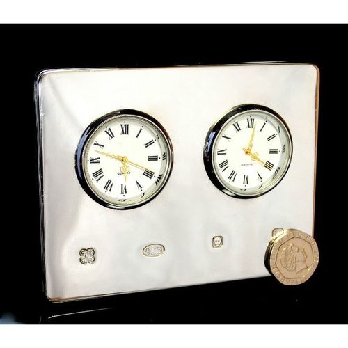 Hallmark 925 Sterling Silver Mounted Twin Dial Clock GK&CK London Jewellery 2533