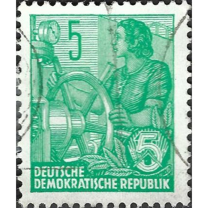 GERMAN DEM REP, 5 year plan, Woman at wheel (hatch), green 1953, 5pf, #4