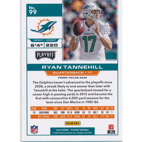 2016 Panini Playoff Football 99 Ryan Tannehill Miami Dolphins