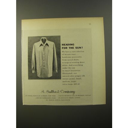 1954 A. Sulka Jacket Ad - Heading for the sun?