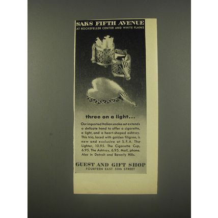 1956 Saks Fifth Avenue Ad - Lighter, Cigarette Cup, Ashtray - Three on a light