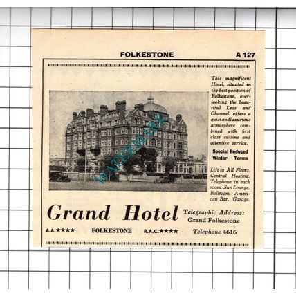 Grand Hotel Folkestone Kent / Clifton Hotel Small Advert - 1958 Cutting