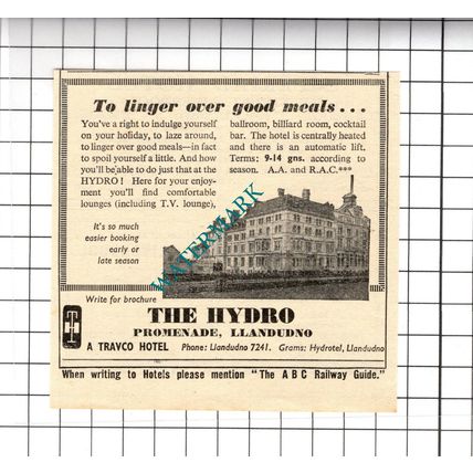 The Hydro Hotel Llandudno Wales Small Advert - 1958 Cutting