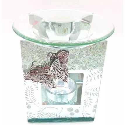 Butterfly Detail Silve Glass Oil Burner/Tealight Holder Single 12 CM Gift Home