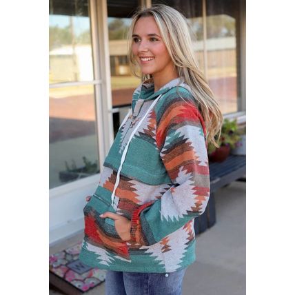 Multicolor Aztec Print Zipped Split Neck Hoodie