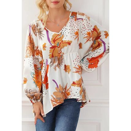 Multicolour Floral Print V Neck Babydoll Blouse