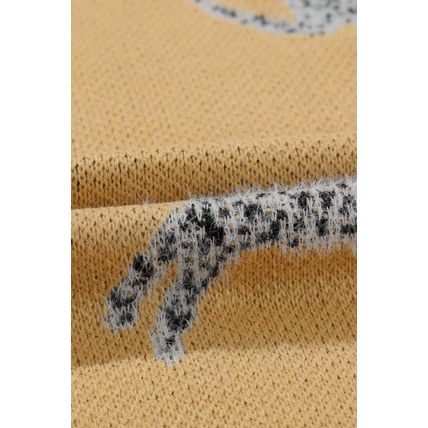 Camel Fuzzy Cheetah Accent Round Neck Sweater