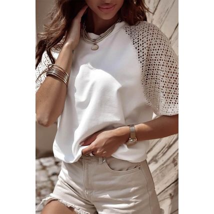White Pointelle Lace Half Sleeve Crew Neck Tee