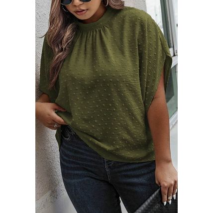 Moss Green Plus Size Swiss Dot Mock Neck Tied Nape Top