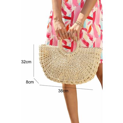 Beige Bamboo Weaving Semicircle Tote Handbag
