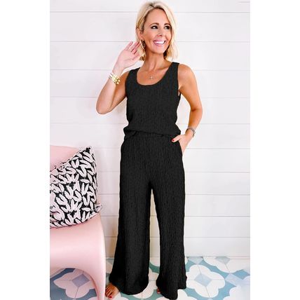 Black Crinkled U Neck Tank Top and Wide Leg Pants Set