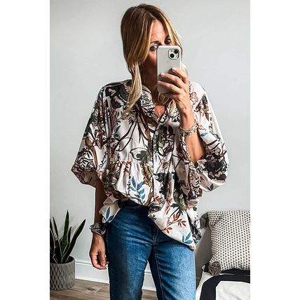 White Floral Print Balloon Sleeves Button Up Loose Casual Shirt