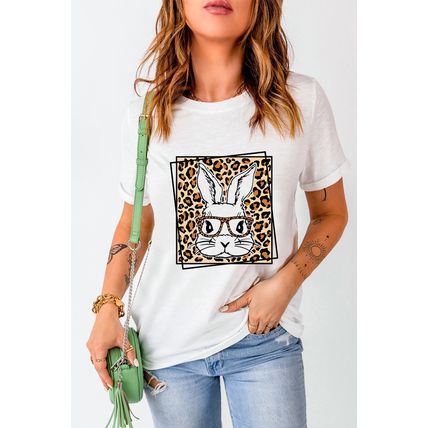 White Leopard Cute Bunny Graphic Crewneck Easter Tee