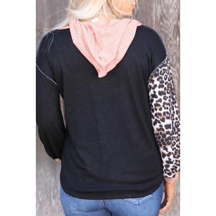 Black Leopard Patchwork Buttoned Hooded Sweatshirt