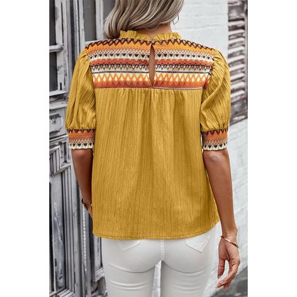 Mustard Geometric Short Puff Sleeve Frilled Collar Blouse