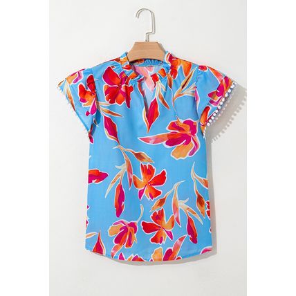 Sky Blue Floral Print V Neck Pompom Trim Flutter Sleeve Blouse