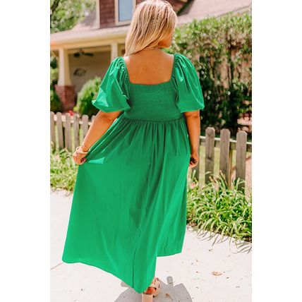 Bright Green Ruched Front Puff Sleeve Plus Size Long Dress