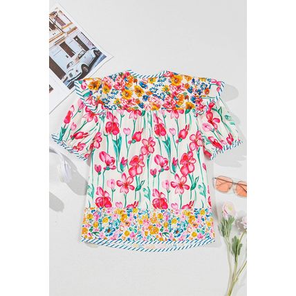Pink Floral Print Striped Detail Split Neck Short Sleeve Blouse
