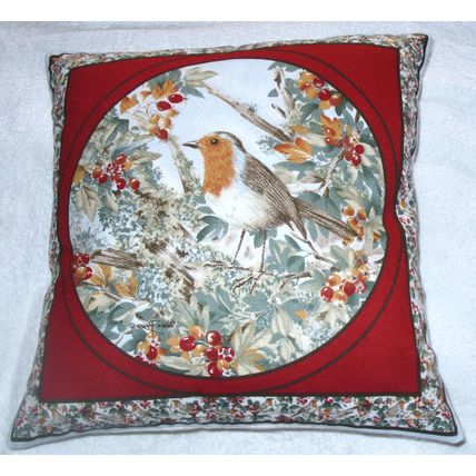 Pretty bright little Robin perched among Autumnal berries cushion pillow