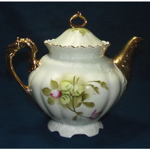 Lefton Green Heritage teapot sugar & creamer set 792 4938 pink rose good vintage