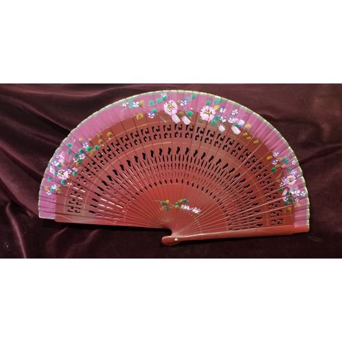 Wood Handpainted Hand Fan - Deep Burgundy with Pink flowers
