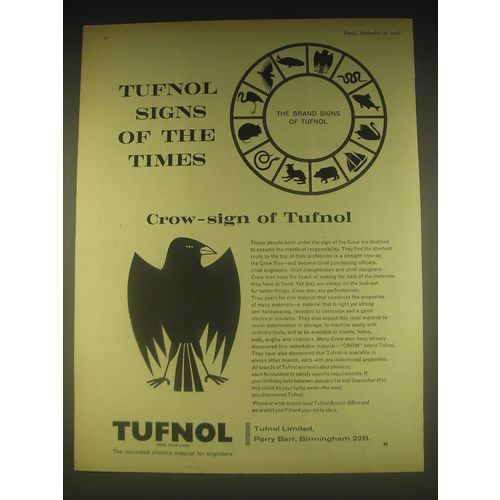 1962 Tufnol Plastics Ad - Tufnol signs of the times Crow - sign of Tufnol