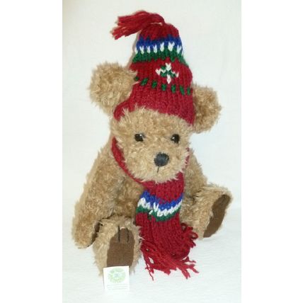 VINTAGE GIBSON GREETINGS LIGHT BROWN FURRY PLUSH BEAR w MAROON KNIT HAT & SCARF