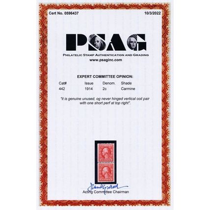 442, Mint NH 2¢ Coil Pair With PSAG Cert .. Stuart Katz