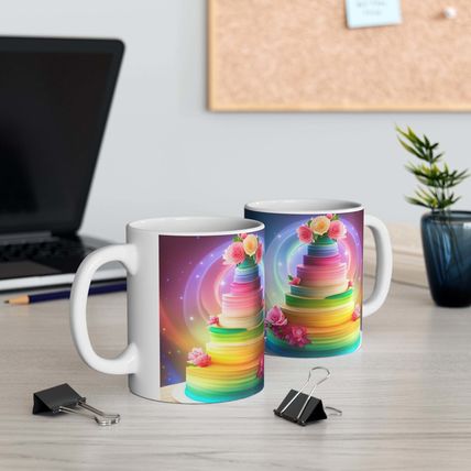 Happy Birthday Rainbow Cake Celebration #22 CeramicMug Ceramic Coffee Mug 11oz