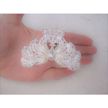 Silver metal peacock faux pearl and clear crystal hair claw clip bridal clip