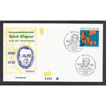 BERLIN GERMANY 1980 FDC ALFRED WEGENER GEOPHYSICIST GREENLAND VOLCANICS ILLUST.