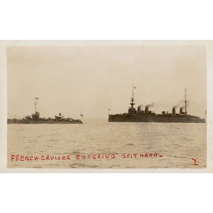 French Cruiser Ship Entering Spithead Antique RPC Postcard