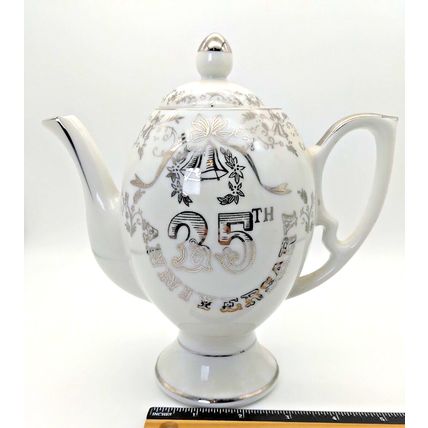 Vintage Tea Pot K-600 White Porcelain 25th Anniversary Floral Silver Trim Japan