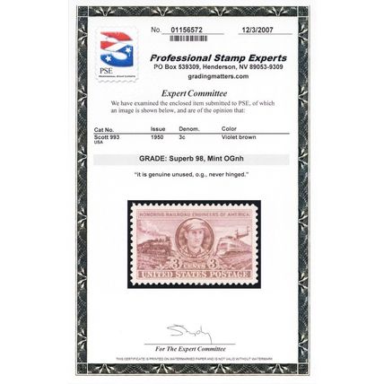 993, Mint Superb NH 3¢ - PSE Graded 98 Certificate - Stuart Katz