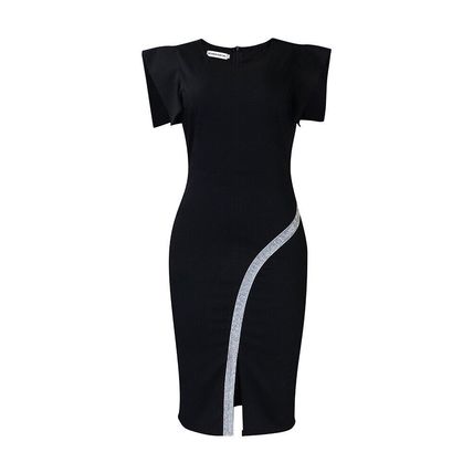 Summer new short sleeve bag hip tight temperament through slit bright edge dress