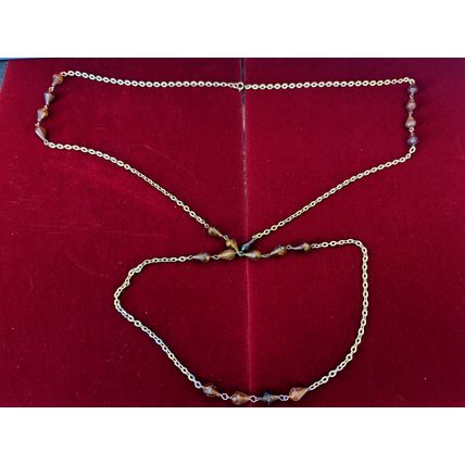 Vintage Gold-Tone Chain Necklace with Amber Beads and Y-Style Design, 32 Inches