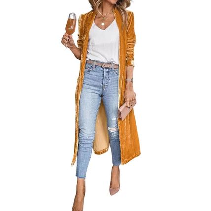 Yellow Velvet Open Front Pocketed Long Duster