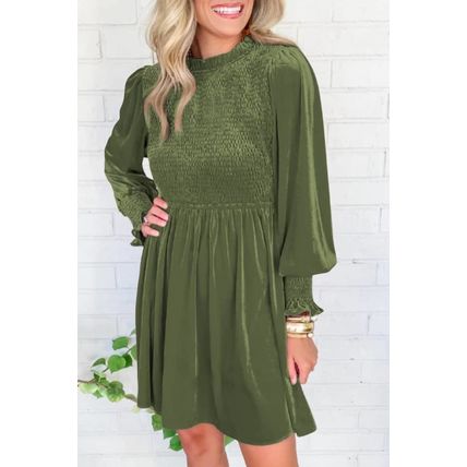 Moss Green Frilled Neck Smocked Bodice Velvet Dress