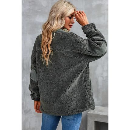 Gray Corduroy Trim Elbow Patch Sherpa Jacket