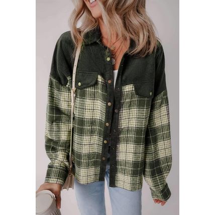 Blackish Green Snap Buttons Colorblock Plaid Shacket