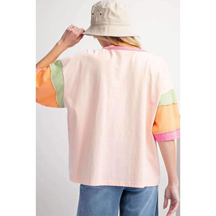 Pink Rugby Chenille Embroidered Color Block Half Sleeve T Shirt