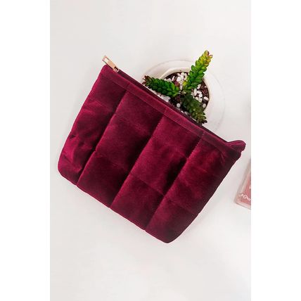 Burgundy Quilted Velour Zipper Cosmetic Organize Pouch