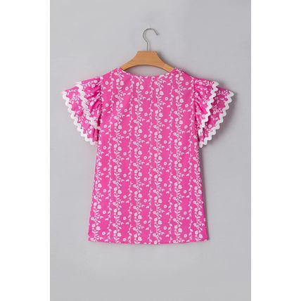 Pink Floral Print Ric-rac Tiered Ruffled V Neck Blouse