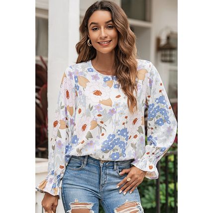 White Floral Print Sweet Lantern Long Sleeve Blouse