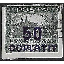 Po Mi 16b: 50 h. on 75 h. green-black Postage Due: Hradčany, violet-blue opt.